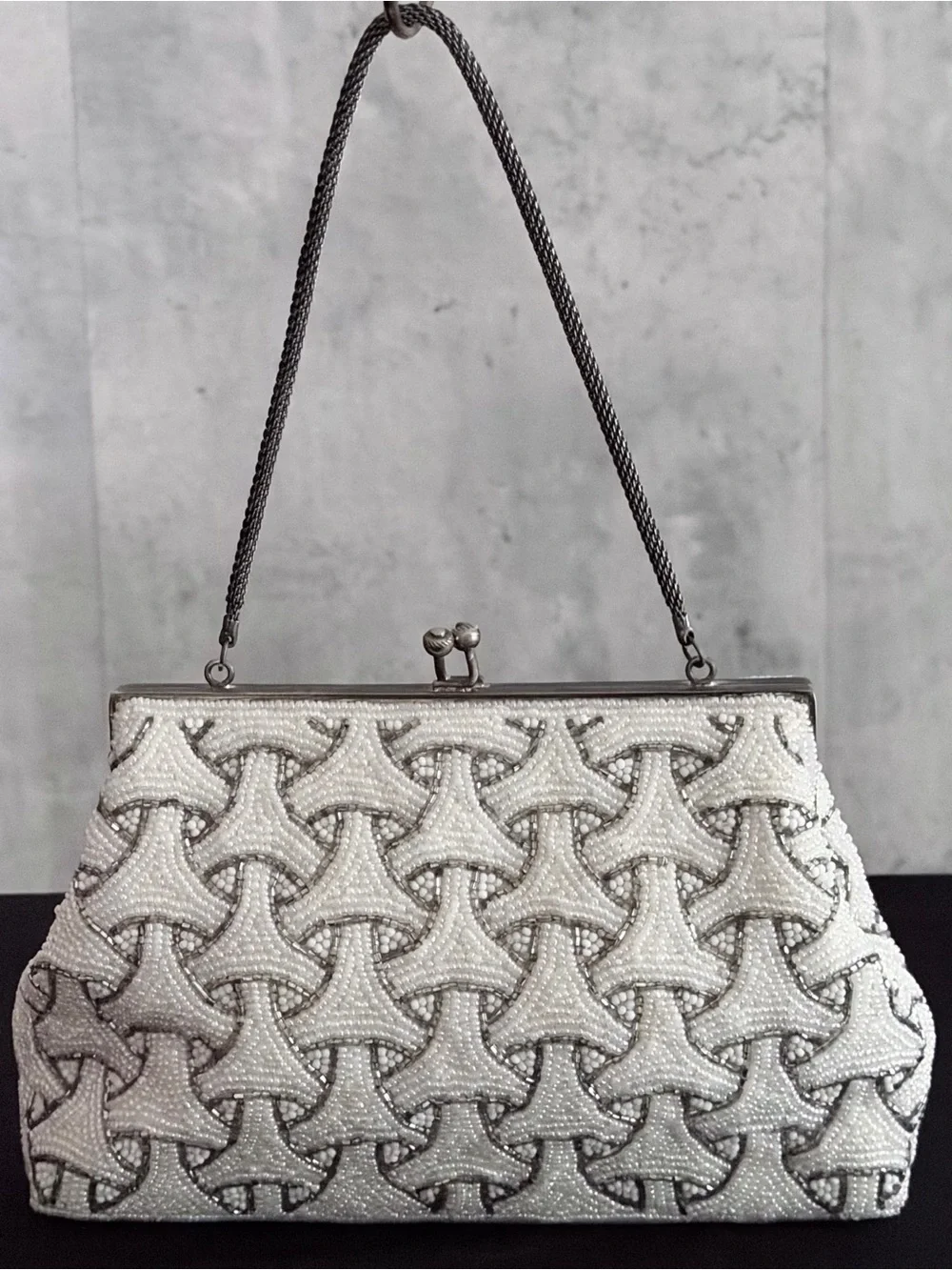 VTG Beaded Clutch Evening Bag Off Wht Silver Geometric Art Deco Purse Chain Str